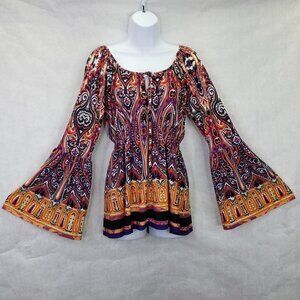Colleen Lopez Blouse Women's M Tie Neck Peplum Bell Sleeve Paisley Boho Peasant